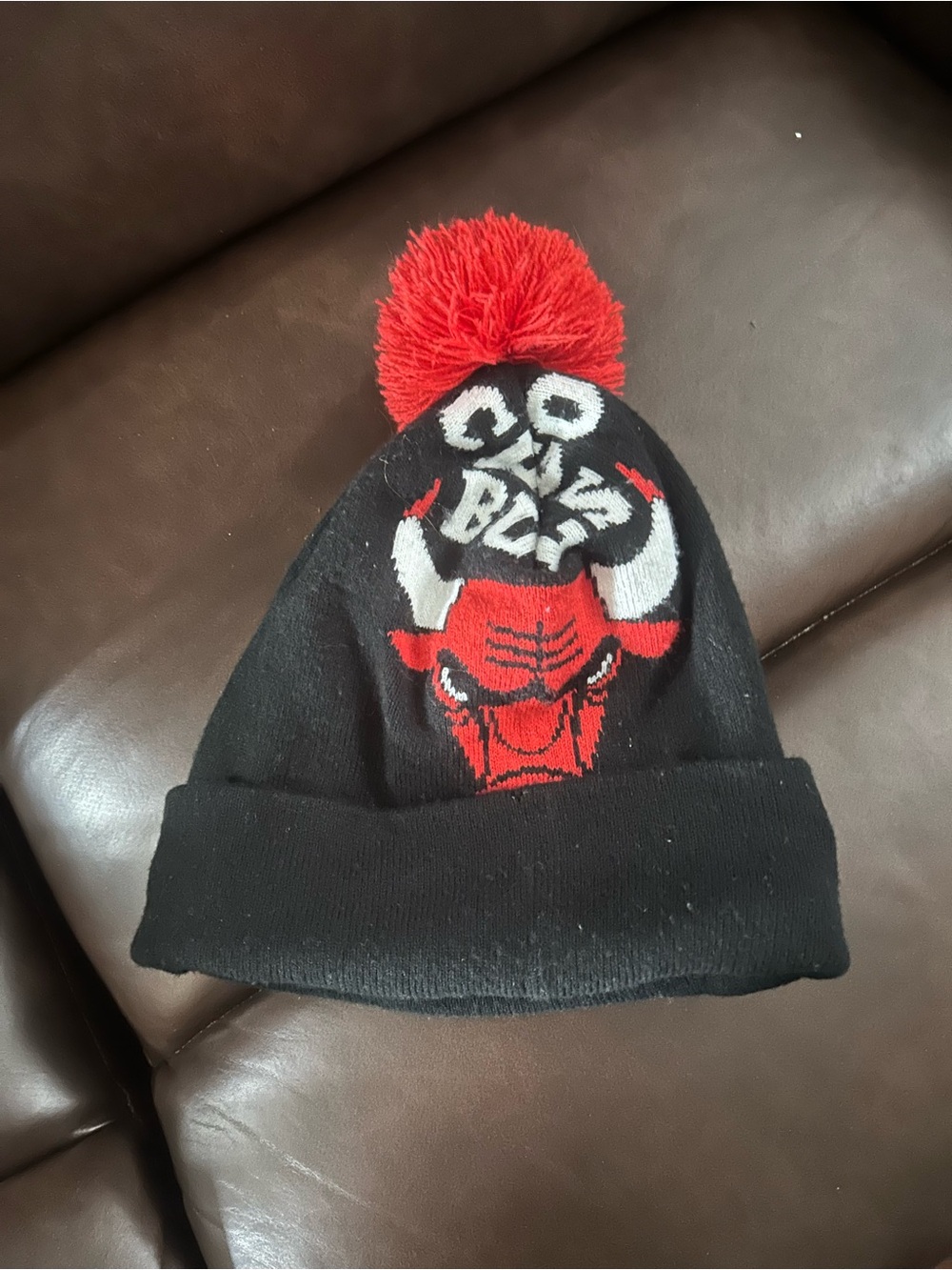 Kids Black and Red Pom-Pom Beanie Hat with Bull Logo